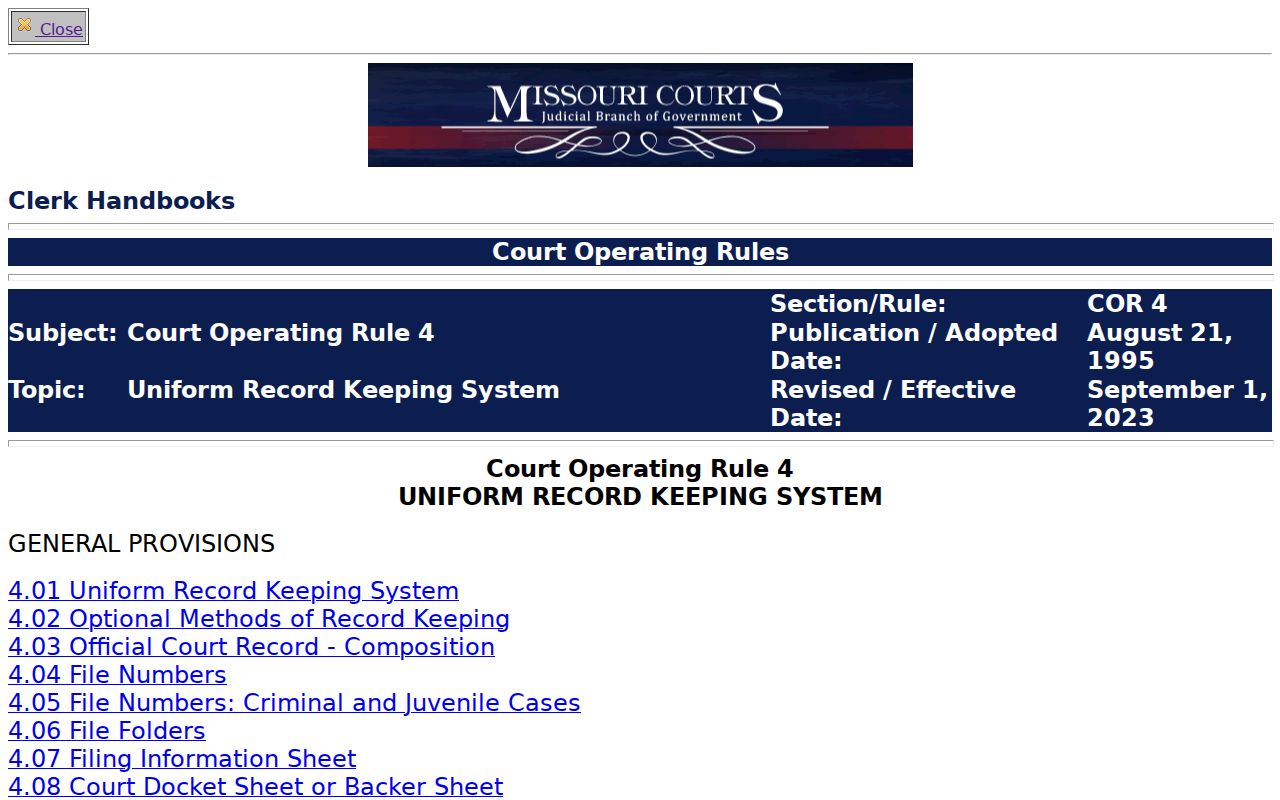 Sullivan County court records reference showing Missouri Court Operating Rule 4 uniform record-keeping page