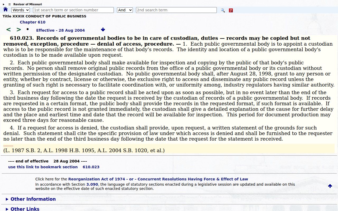 Sullivan County court records reference showing Missouri public-record custodian statute RSMo 610.023