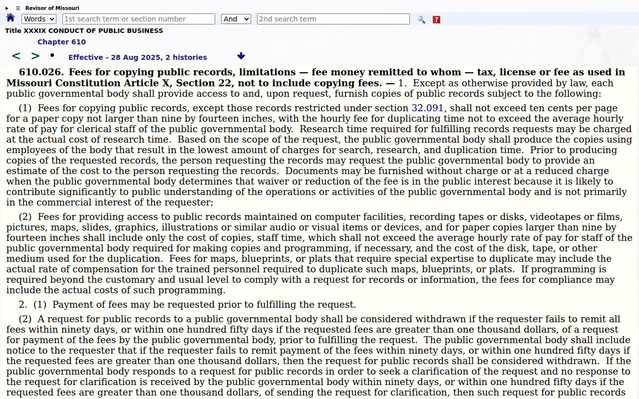 Sullivan County court records reference showing Missouri public-copy fee statute RSMo 610.026