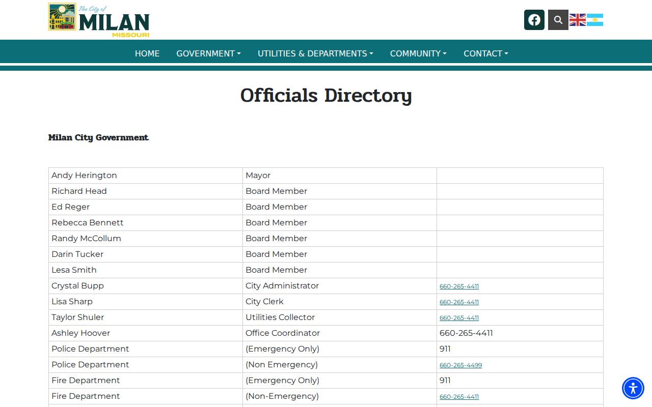 Milan officials directory page supporting city contact routing separate from court record requests