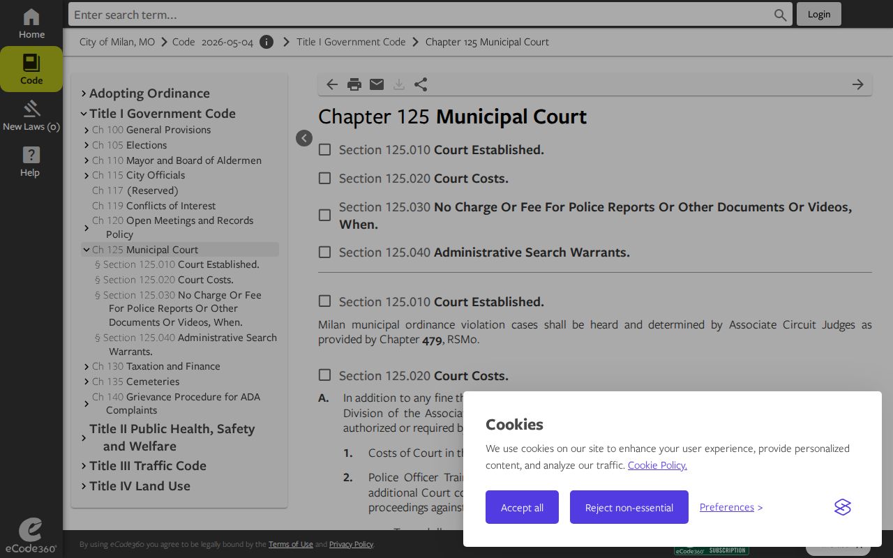 Milan municipal code page showing ordinance court-cost language that requires current verification