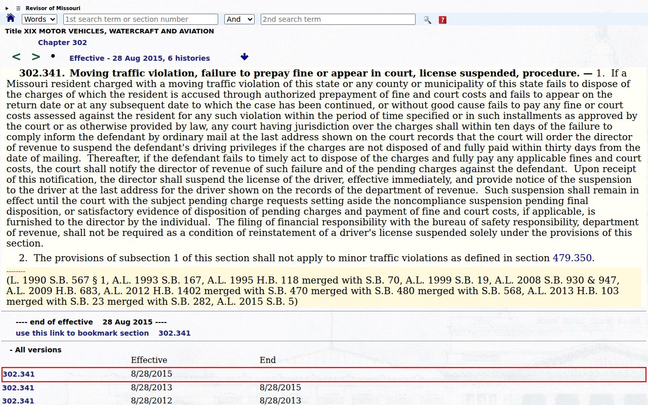 Sullivan County traffic court records reference showing Missouri statute RSMo 302.341