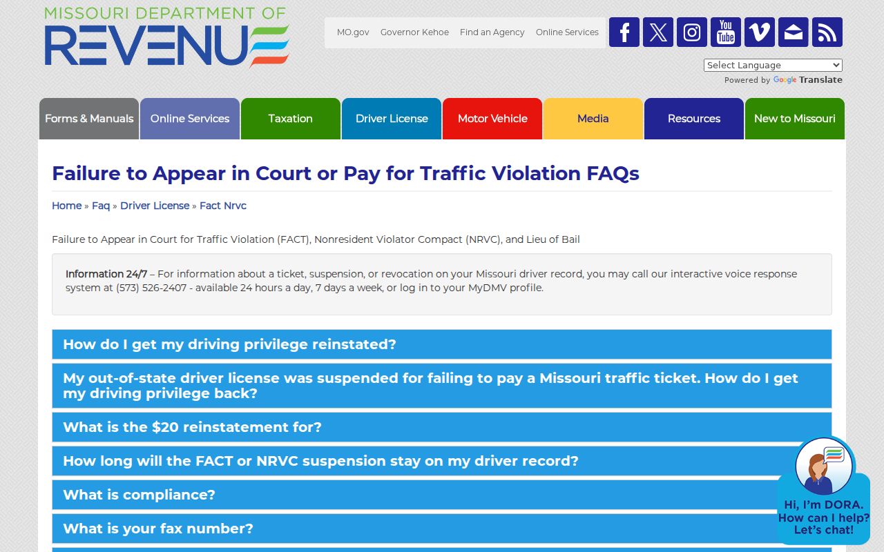 Sullivan County traffic court records reference showing Missouri Department of Revenue FACT and NRVC information