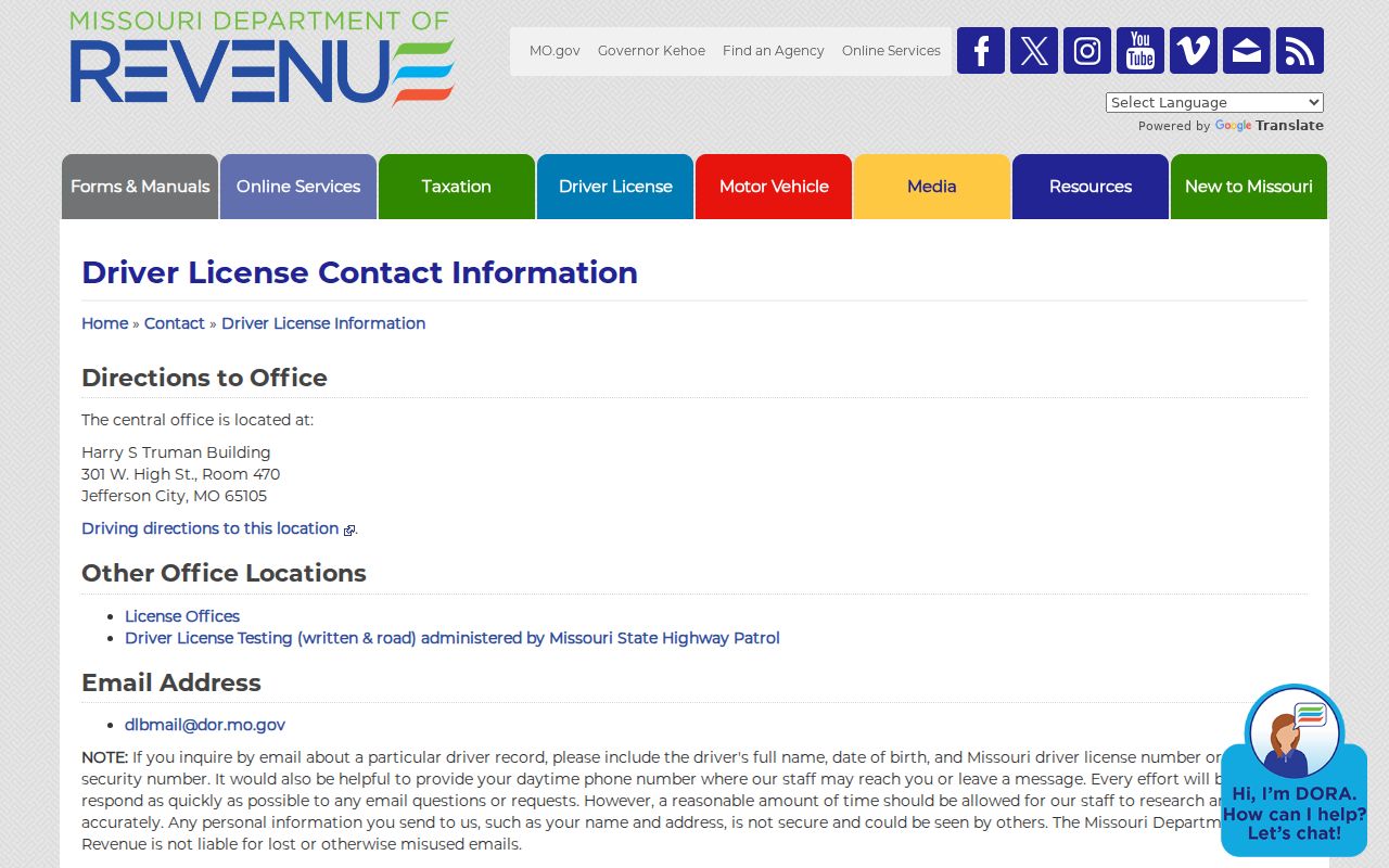 Sullivan County traffic court records reference showing Missouri Department of Revenue driver-license contact page