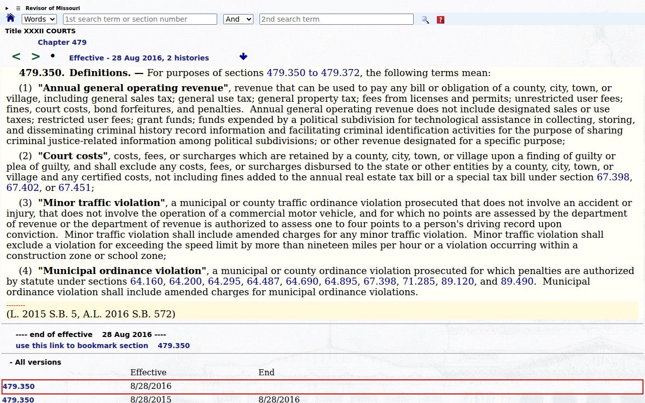 Sullivan County traffic court records reference showing Missouri RSMo 479.350 municipal-division statute